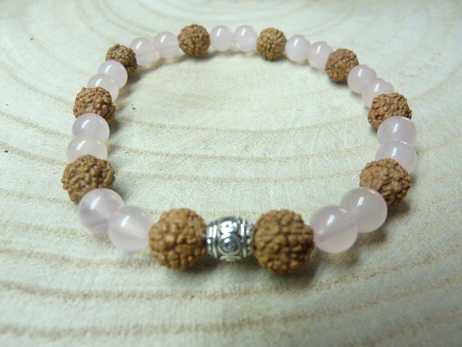 Bracelet Rudraksha-Quartz rose - Perles 8-6 mm