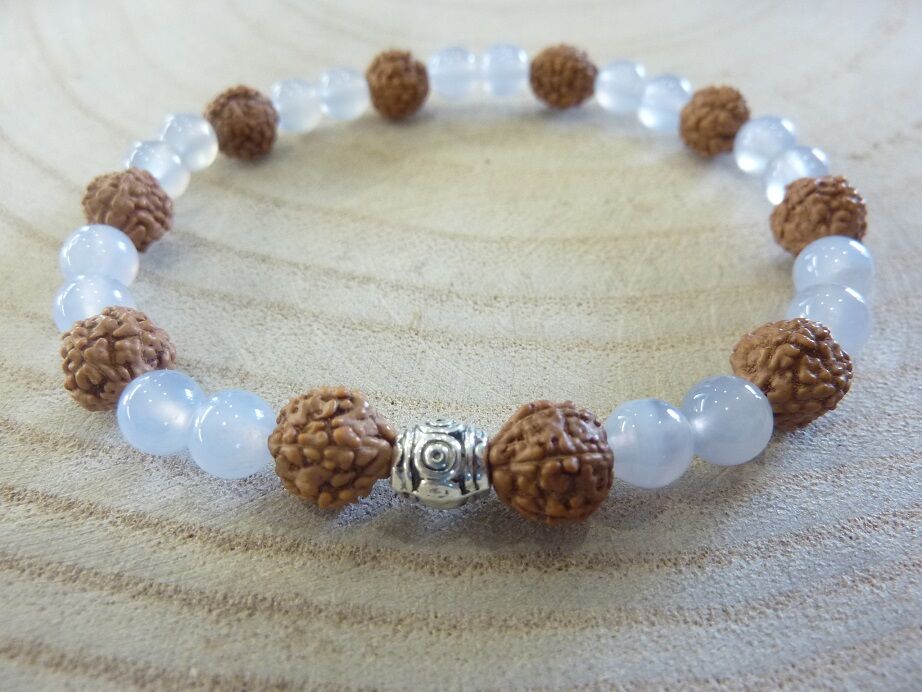 Bracelet Rudraksha-Calcédoine bleue - Perles 8-6 mm