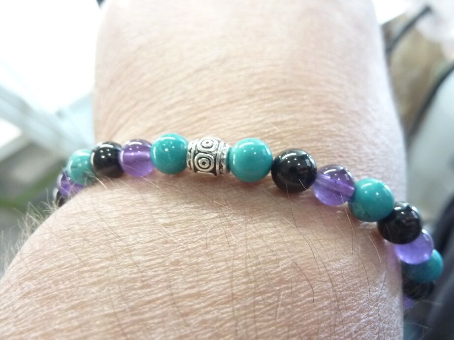 Bracelet Spinelle noir-Améthyste-Turquoise - Perles 6 mm