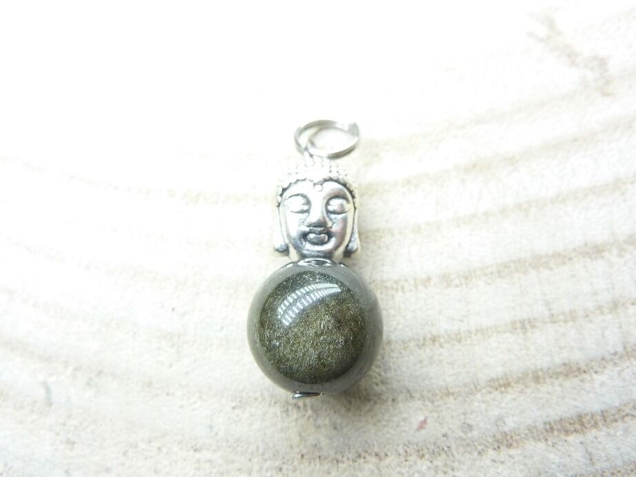 Pendentif Obsidienne dorée-Bouddha Perles 10 mm