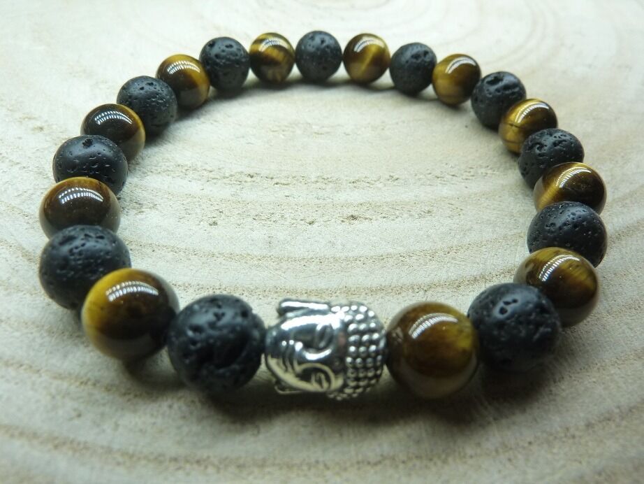 Bracelet Oeil de tigre-Pierre de lave-Bouddha