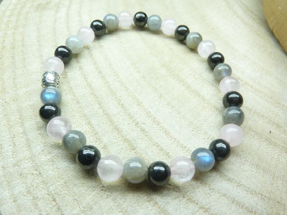 Bracelet Shungite-Labradorite-Quartz rose - perles rondes 6 mm