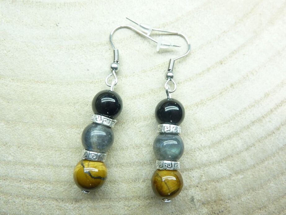 Boucles d'oreilles Oeil de tigre-Labradorite-Tourmaline noire 8 mm