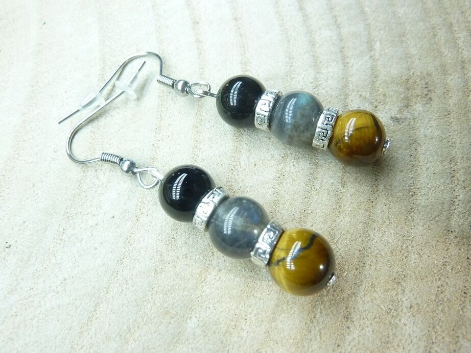 Boucles d'oreilles Oeil de tigre-Labradorite-Tourmaline noire 8 mm