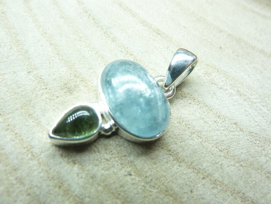 Pendentif Aigue marine-Tourmaline verte argent 925 Ref 2839