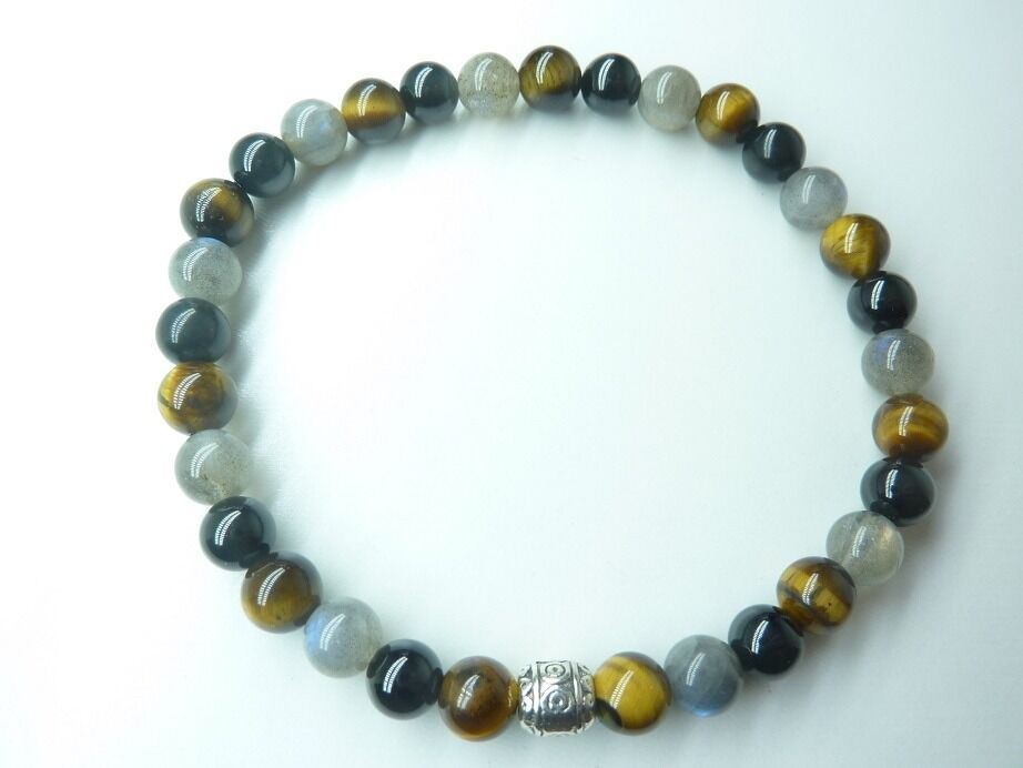 Bracelet Spinelle noir-Oeil de tigre-Labradorite