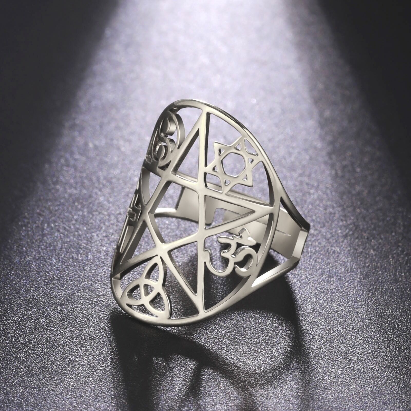 Bague ajustable pentacle multi symboles