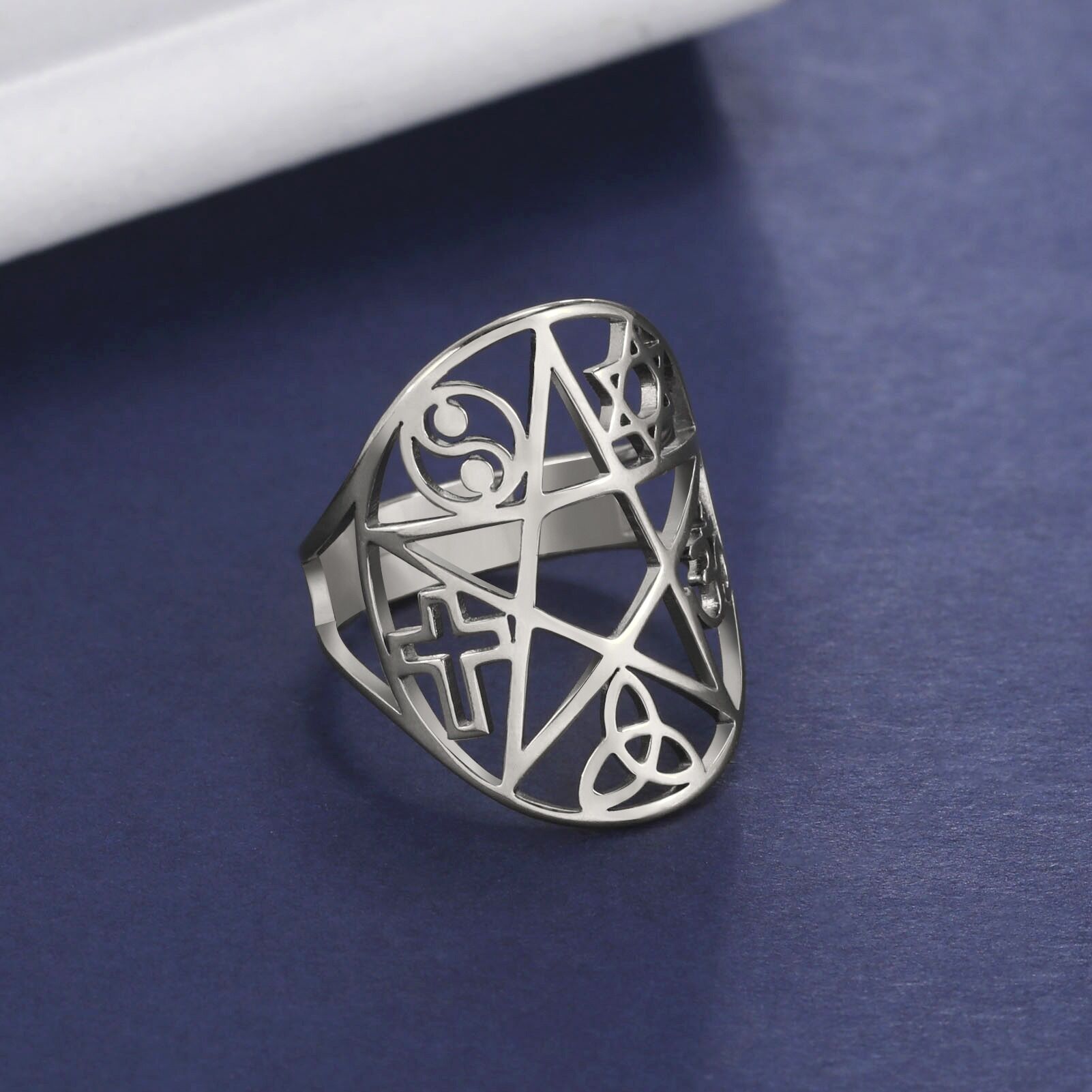 Bague ajustable pentacle multi symboles
