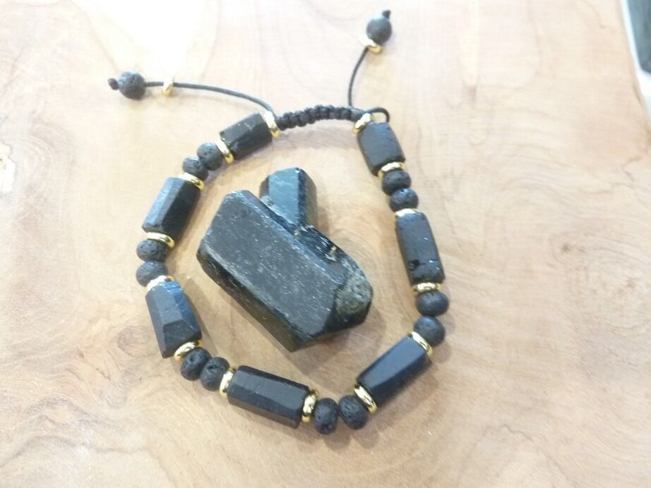 Bracelet Tourmaline noire brute-Pierre de lave réglables