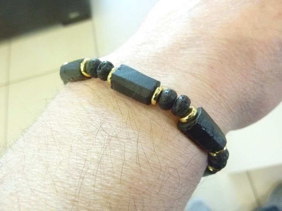 Bracelet Tourmaline noire brute-Pierre de lave réglables