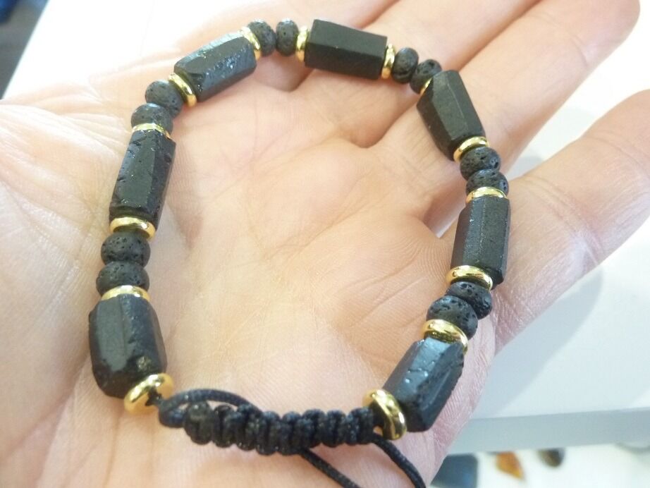 Bracelet Tourmaline noire brute-Pierre de lave réglables