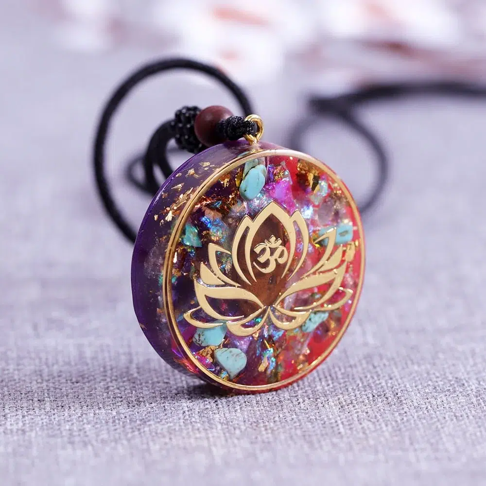 Collier pendentif orgonite Yoga fleur de Lotus-Om-Turquoise-Oeil de tigre
