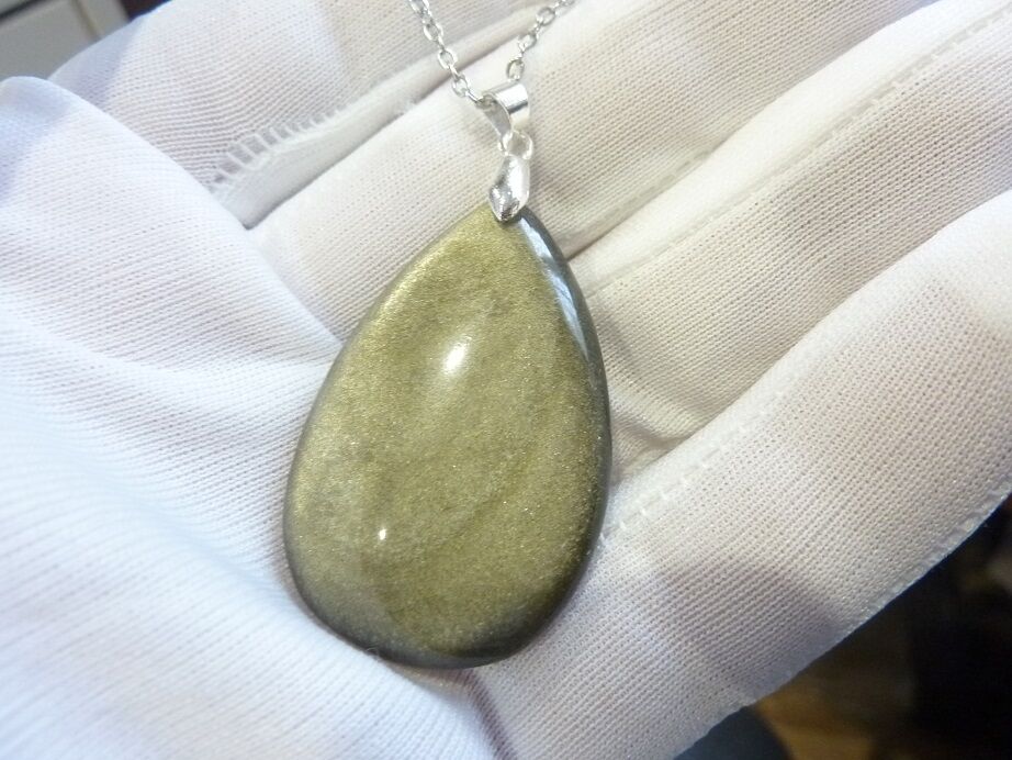 Collier pendentif Obsidienne dorée argent 925 + chaine acier inoxydable 50 cm – Image 2