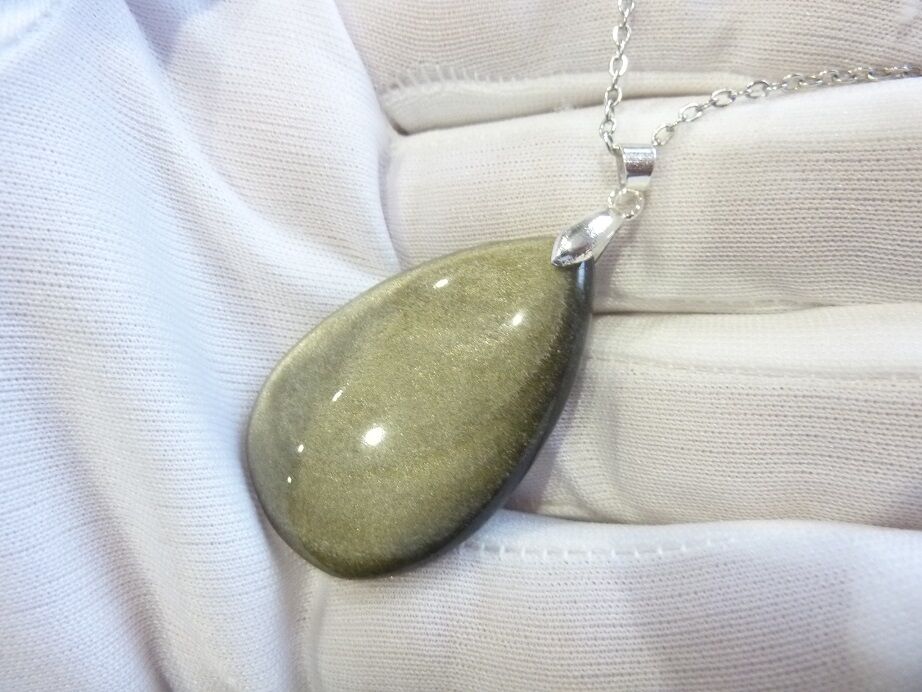 Collier pendentif Obsidienne dorée argent 925 + chaine acier inoxydable 50 cm