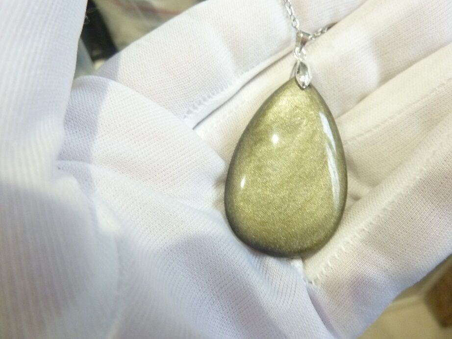 Collier pendentif Obsidienne dorée argent 925 + chaine acier inoxydable 50 cm