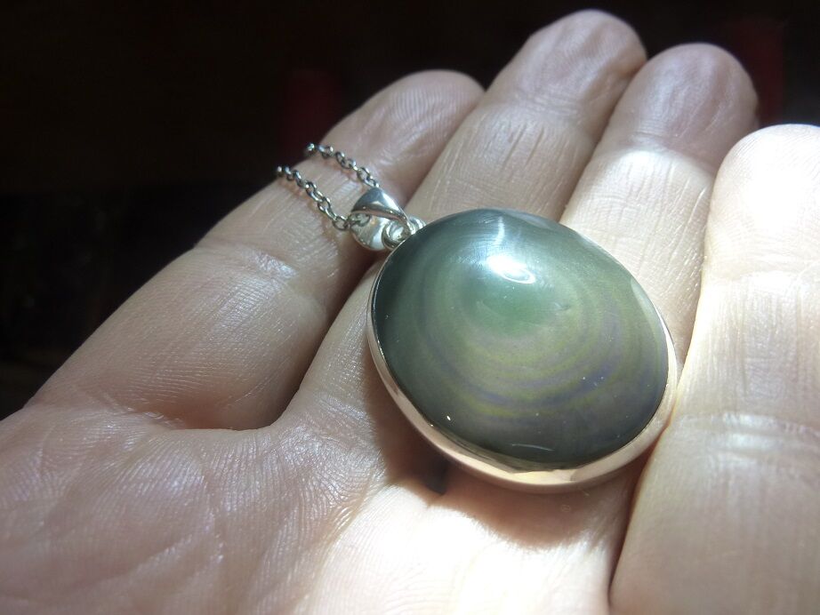 Pendentif Obsidienne oeil céleste argent 925 GG 4409 + chaine acier inoxydable 50 cm