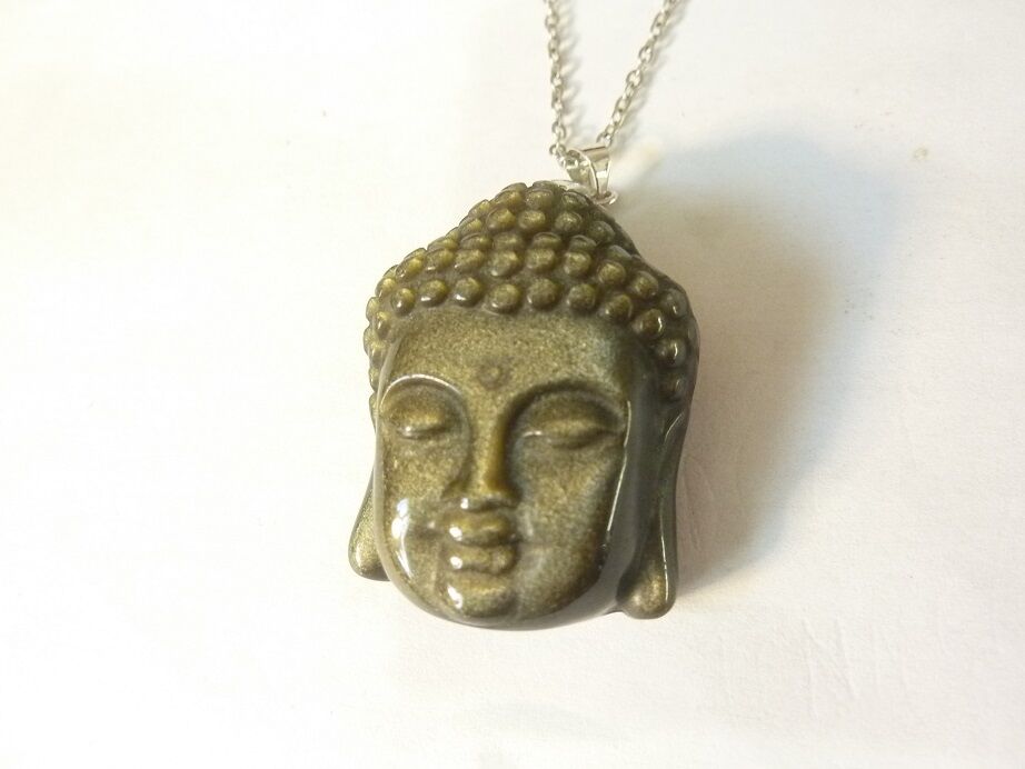 Pendentif Obsidienne dorée-Bouddha + chaine acier inoxydable 50 cm
