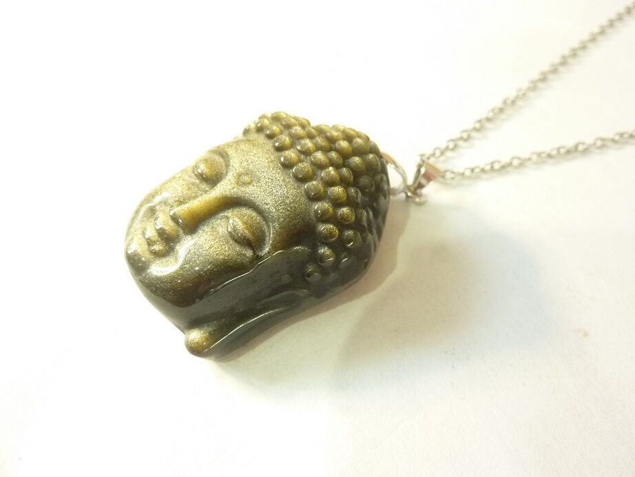 Pendentif Obsidienne dorée-Bouddha + chaine acier inoxydable 50 cm