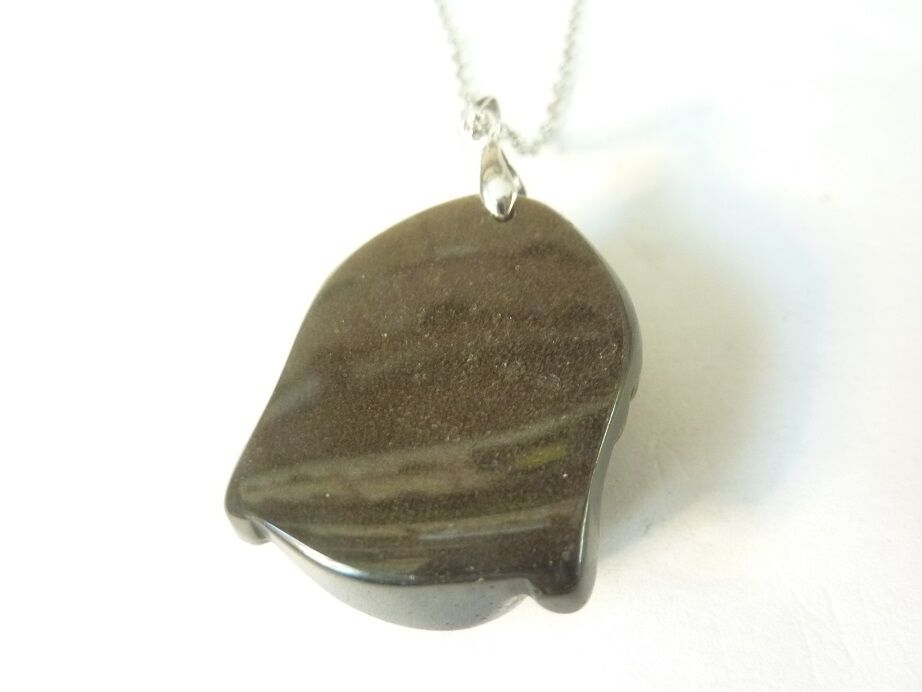 Pendentif Obsidienne dorée-Bouddha + chaine acier inoxydable 50 cm