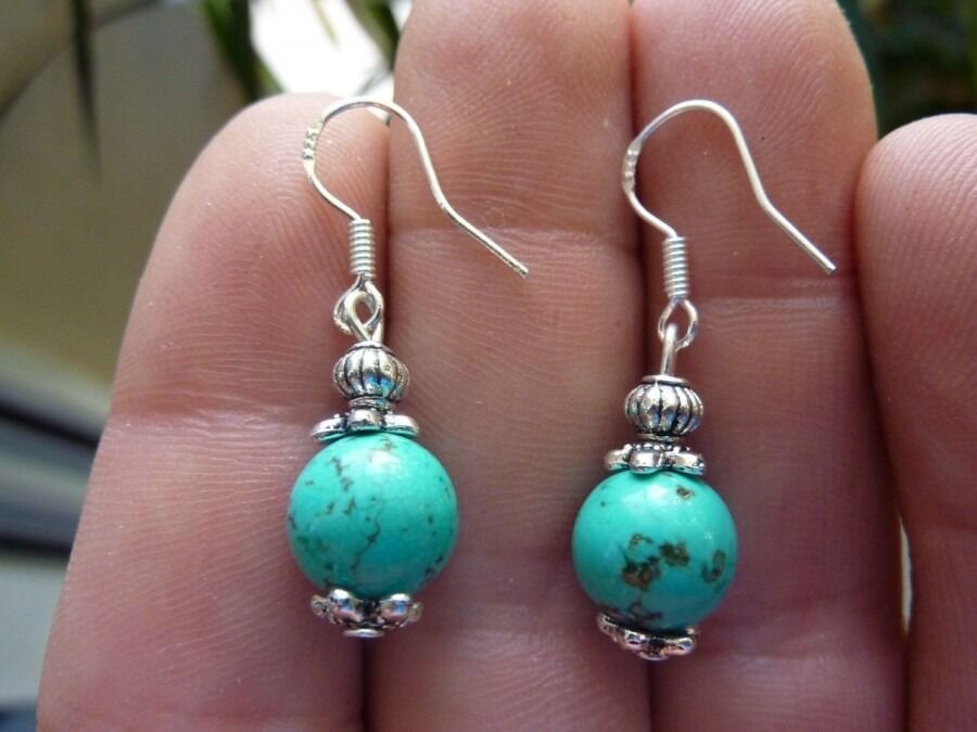 BOUCLES D'OREILLES TURQUOISE 10MM & ARGENT DU TIBET