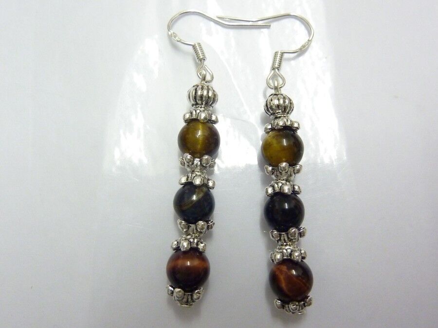 BOUCLES D'OREILLES PROTECTION EXTREME OEIL DE TIGRE-FAUCON-TAUREAU PERLES 6MM