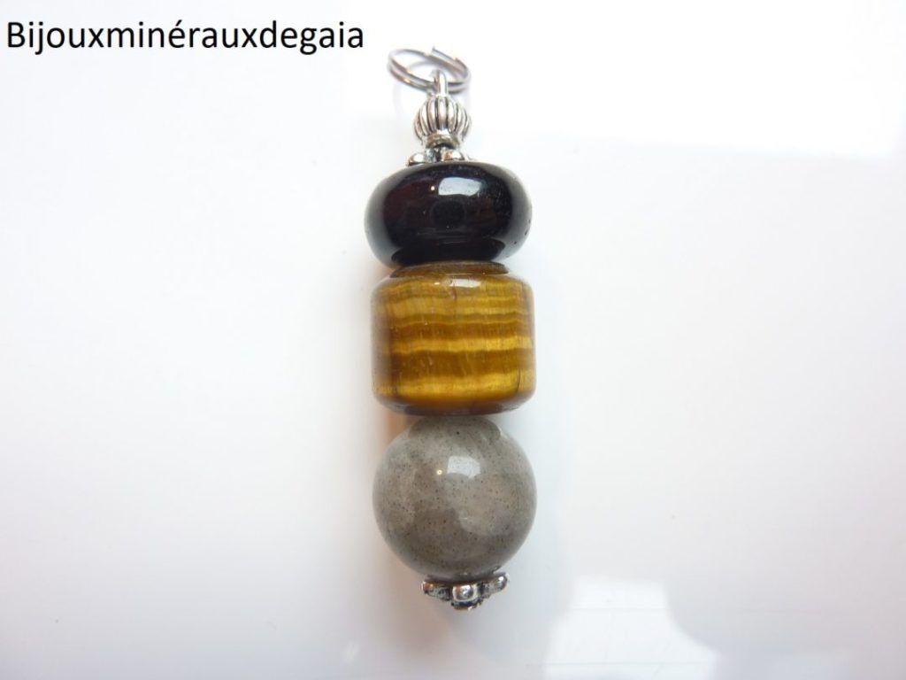 Pendentif protection extrême pierres naturelles œil de tigre labradorite tourmaline noire