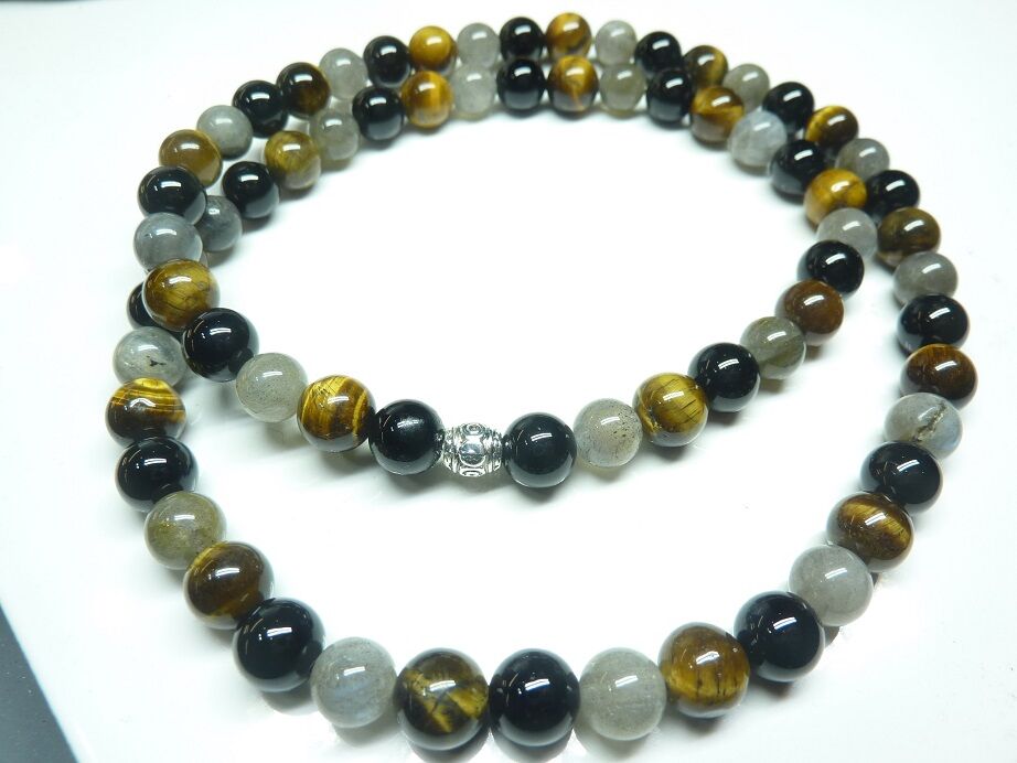 COLLIER PROTECTION OEIL DE TIGRE-LABRADORITE-TOURMALINE NOIRE