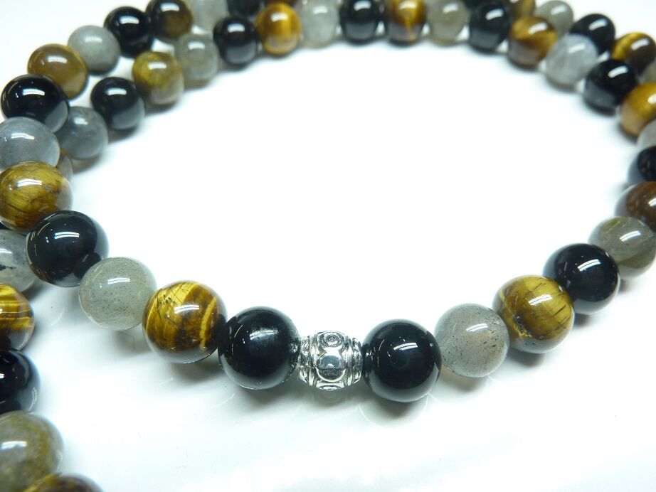 COLLIER PROTECTION OEIL DE TIGRE-LABRADORITE-TOURMALINE NOIRE