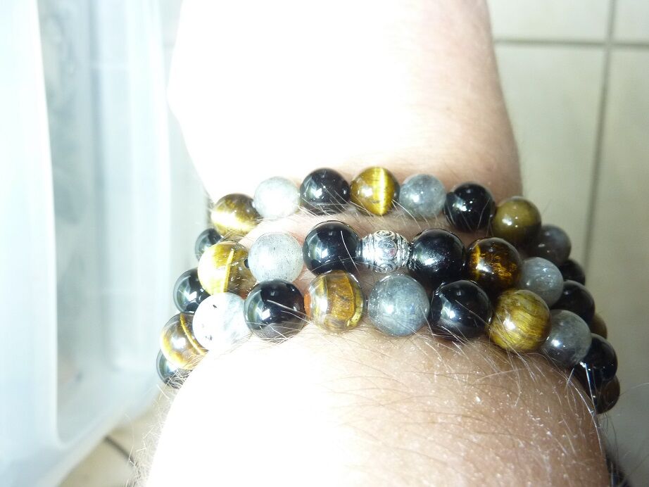 COLLIER PROTECTION OEIL DE TIGRE-LABRADORITE-TOURMALINE NOIRE