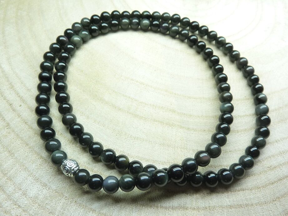 COLLIER OBSIDIENNE OEIL CELESTE PERLES 6MM