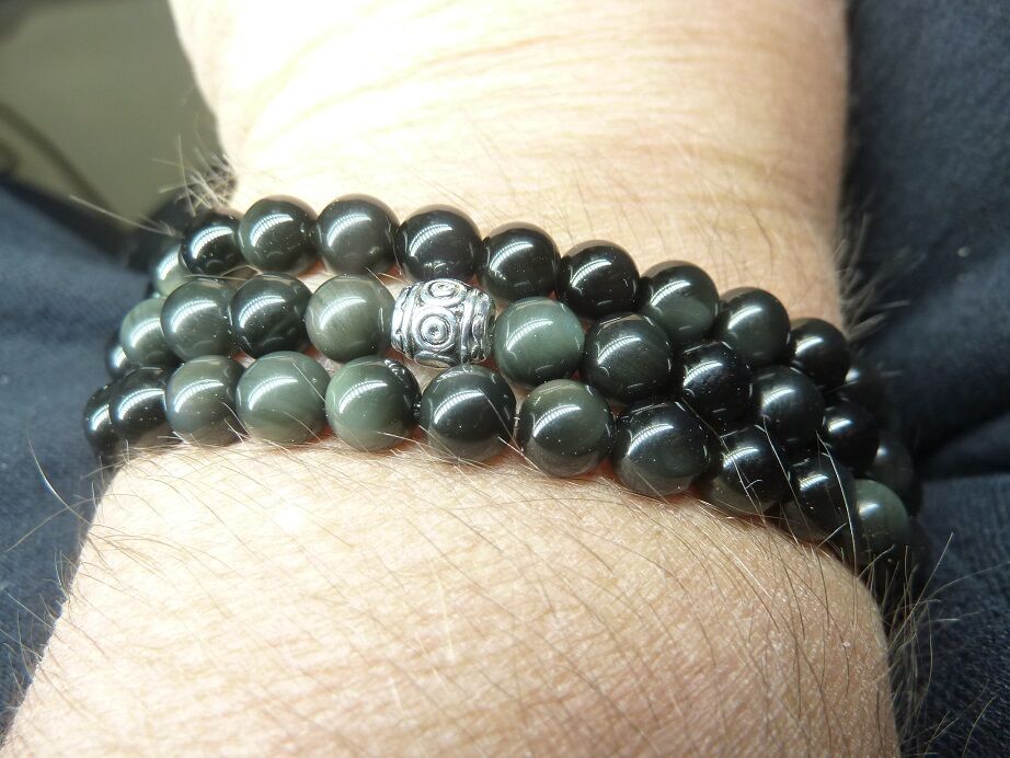 COLLIER OBSIDIENNE OEIL CELESTE PERLES 6MM