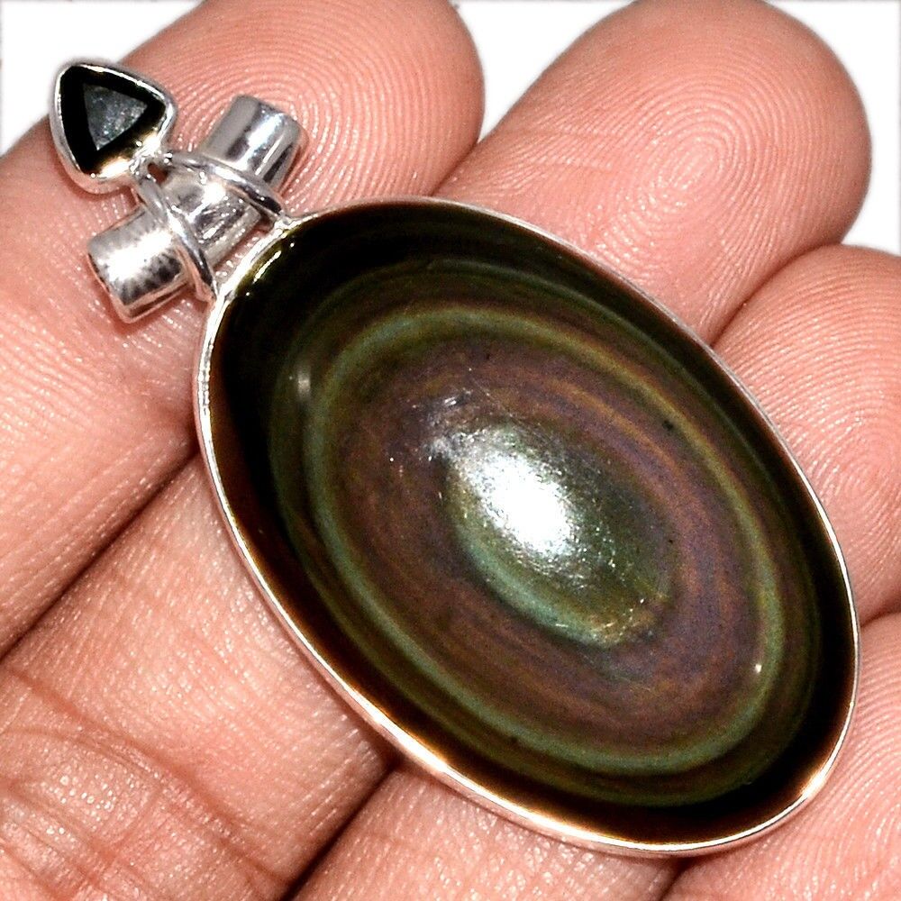 Pendentif protection obsidienne oeil celeste-Spinelle argent 925 ref 2055