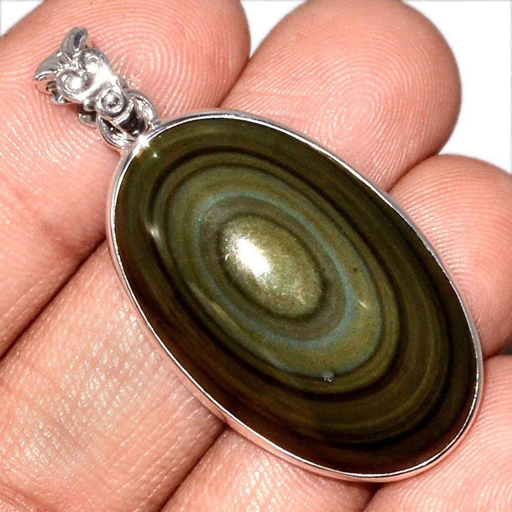 Pendentif protection obsidienne oeil celeste monture argent 925 ref 0884