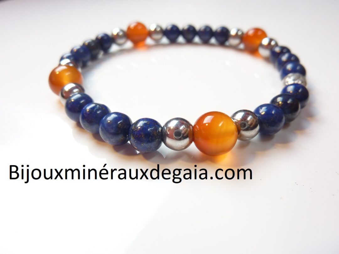 Bracelet Lapis lazuli-Hématite-Cornaline perles rondes 8-6 mm