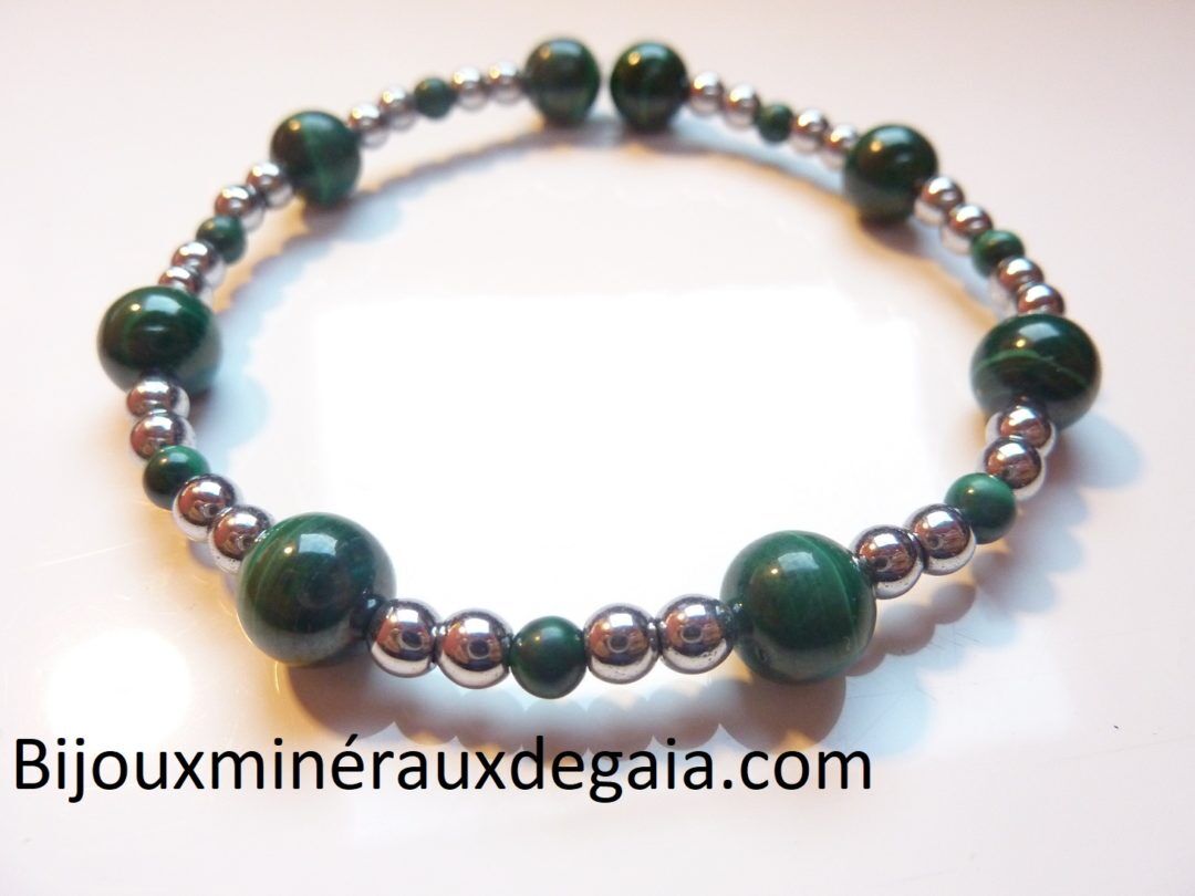 Bracelet Hématite-Malachite perles rondes 8-4 mm