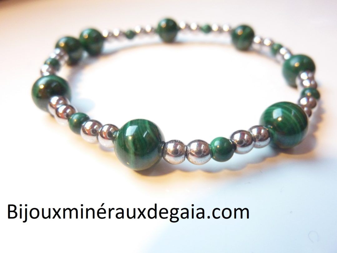Bracelet Hématite-Malachite perles rondes 8-4 mm