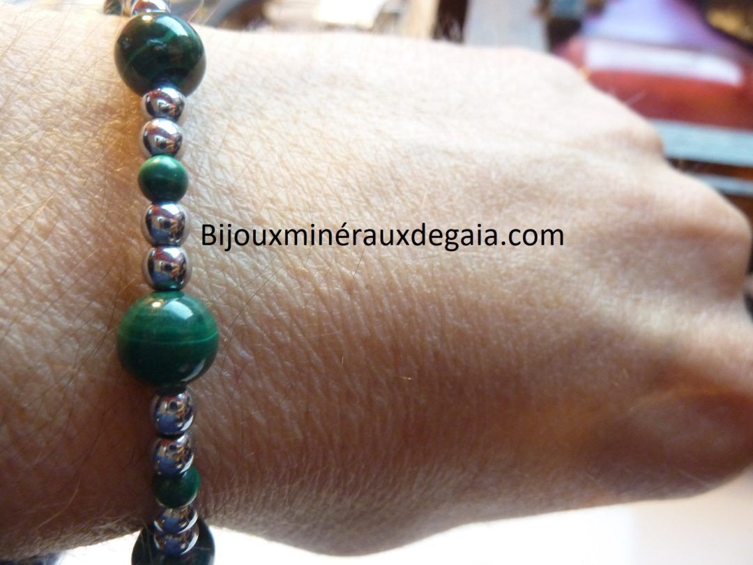 Bracelet Hématite-Malachite perles rondes 8-4 mm