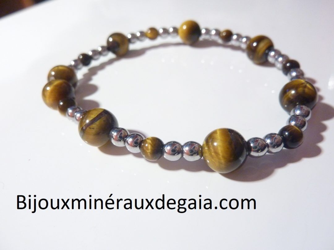 Bracelet Oeil de tigre-Hématite perles rondes 8-4 mm