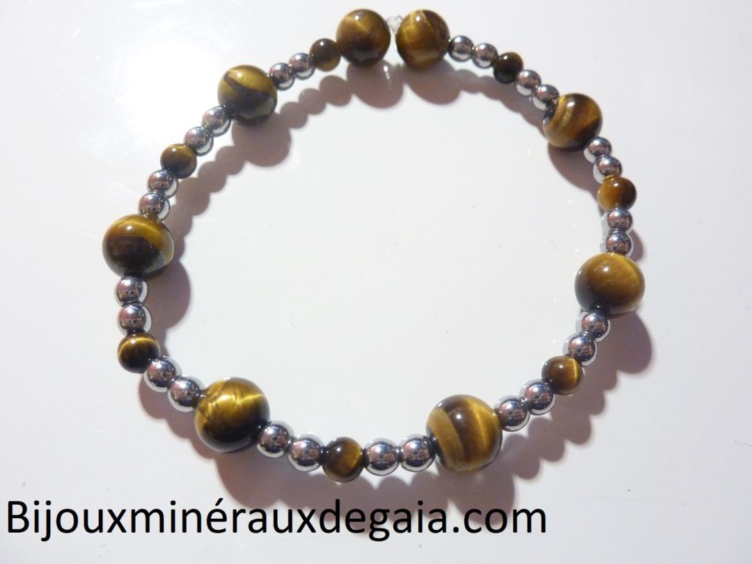 Bracelet Oeil de tigre-Hématite perles rondes 8-4 mm