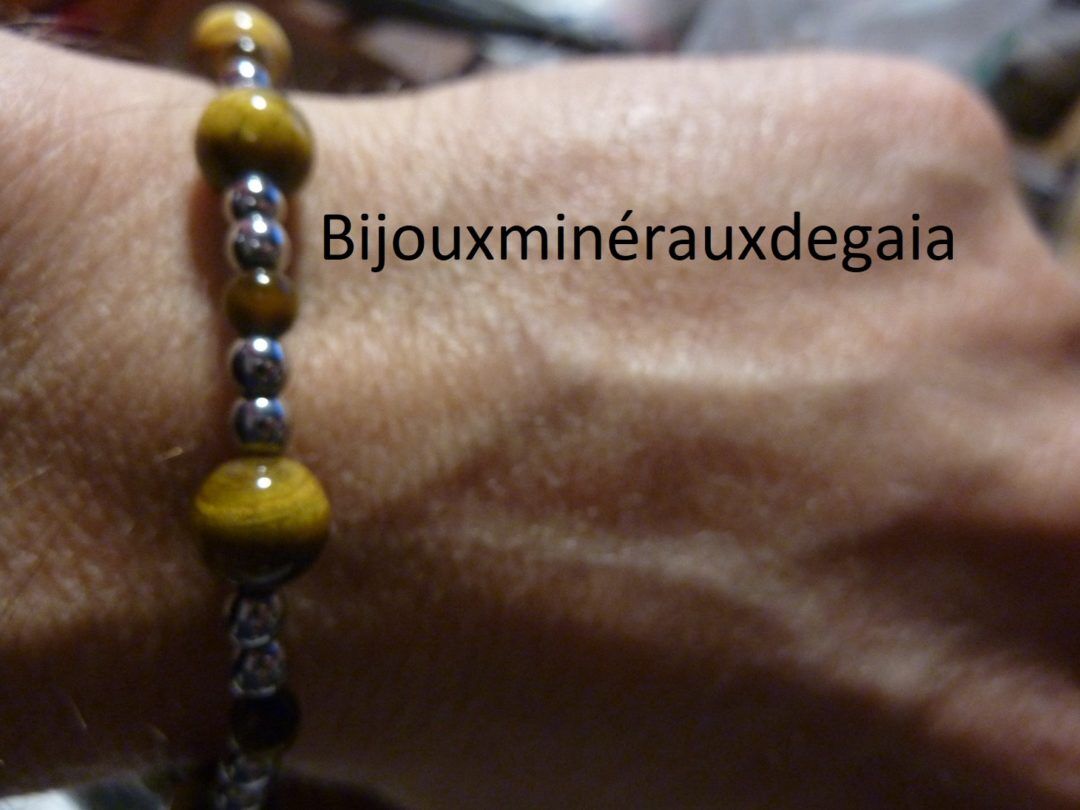 Bracelet Oeil de tigre-Hématite perles rondes 8-4 mm
