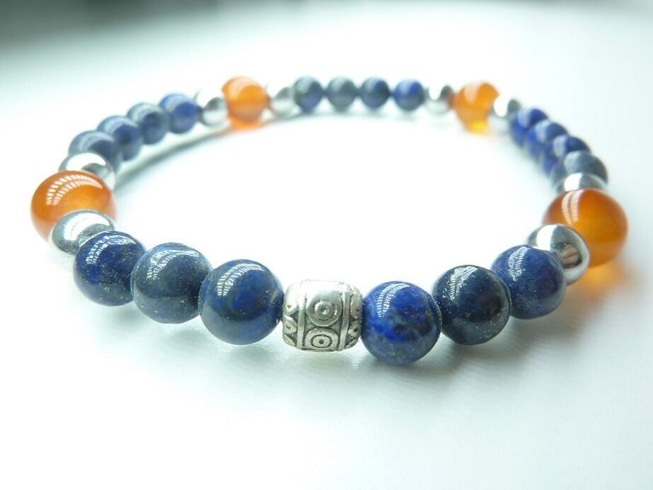 Bracelet Lapis lazuli-Hématite-Cornaline perles rondes 8-6 mm