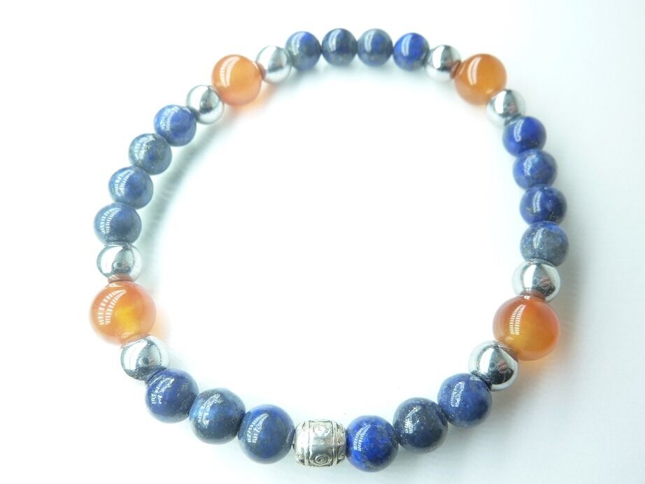 Bracelet Lapis lazuli-Hématite-Cornaline perles rondes 8-6 mm