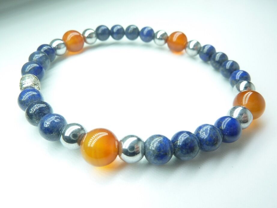 Bracelet Lapis lazuli-Hématite-Cornaline perles rondes 8-6 mm