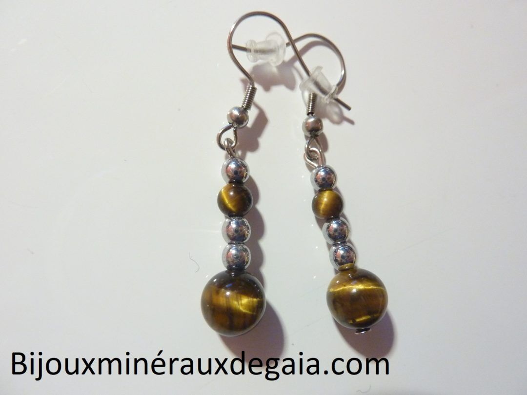 Boucles d'oreilles Oeil de tigre-Hématite perles rondes 8-4 mm