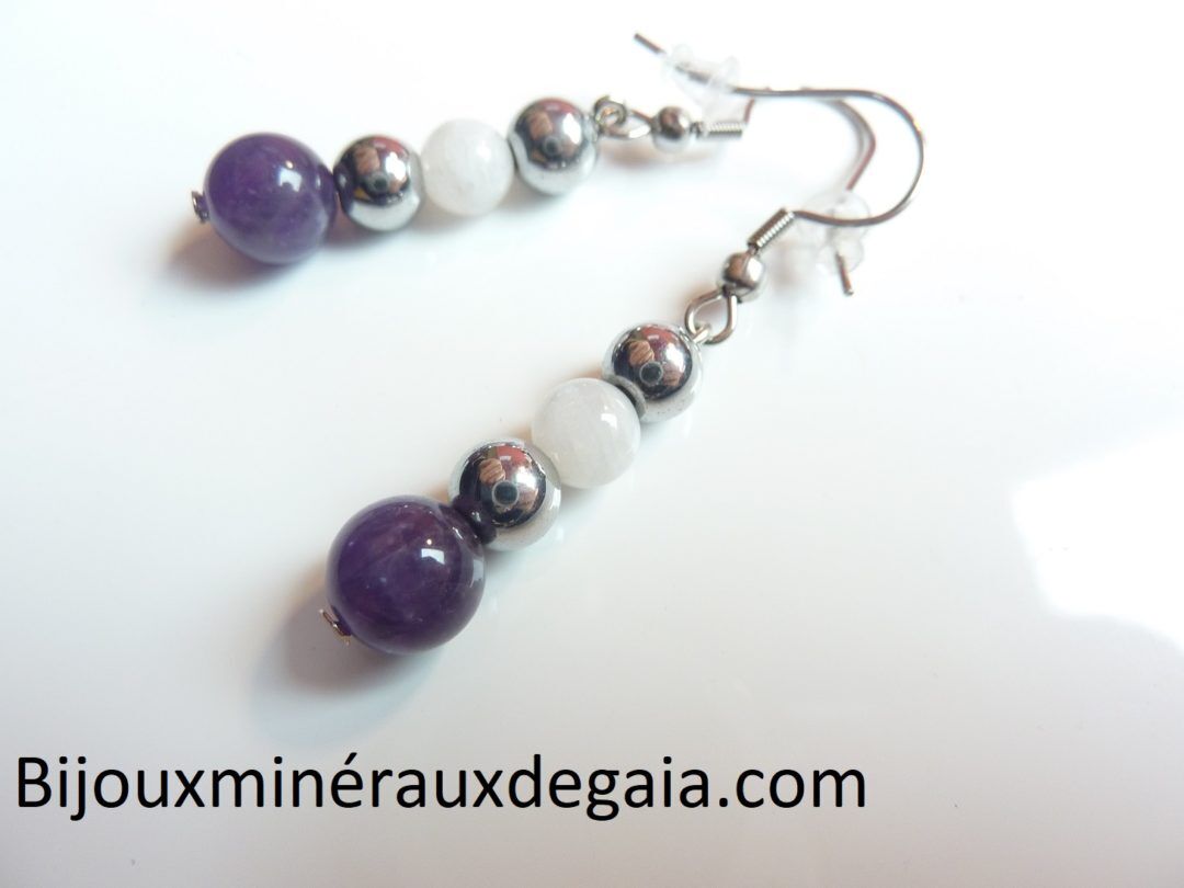 Boucles d'oreilles Pierre de lune-Améthyste-Hématite: perles rondes 8-6 mm