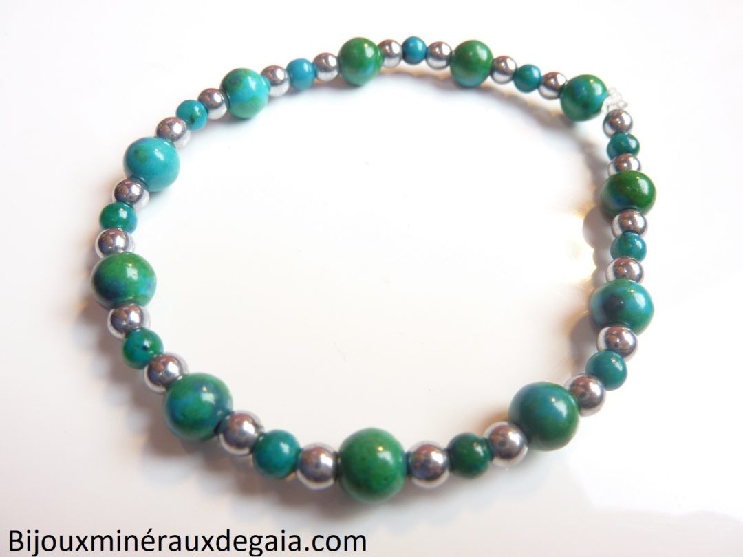 BRACELET AZURITE CHRYSOCOLLE-HEMATITE : PERLES RONDES 6-4 MM