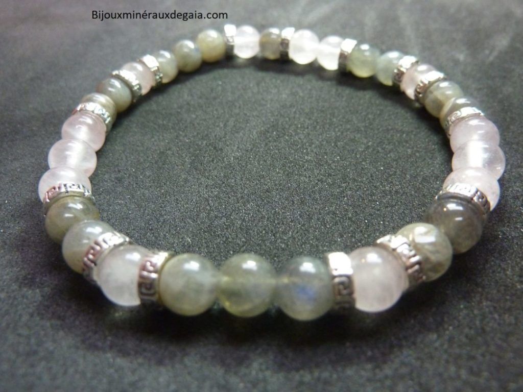 Bracelet Labradorite-quartz rose perles rondes 6 mm