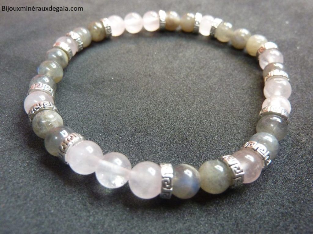 Bracelet Labradorite-quartz rose perles rondes 6 mm