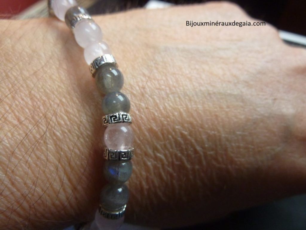 Bracelet Labradorite-quartz rose perles rondes 6 mm