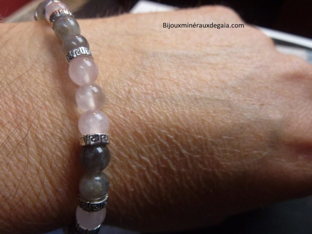 Bracelet Labradorite-quartz rose perles rondes 6 mm